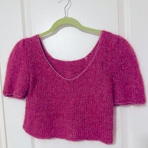 Bubblegum Pink Sparkle Sweater Short Sleeve Crop Top